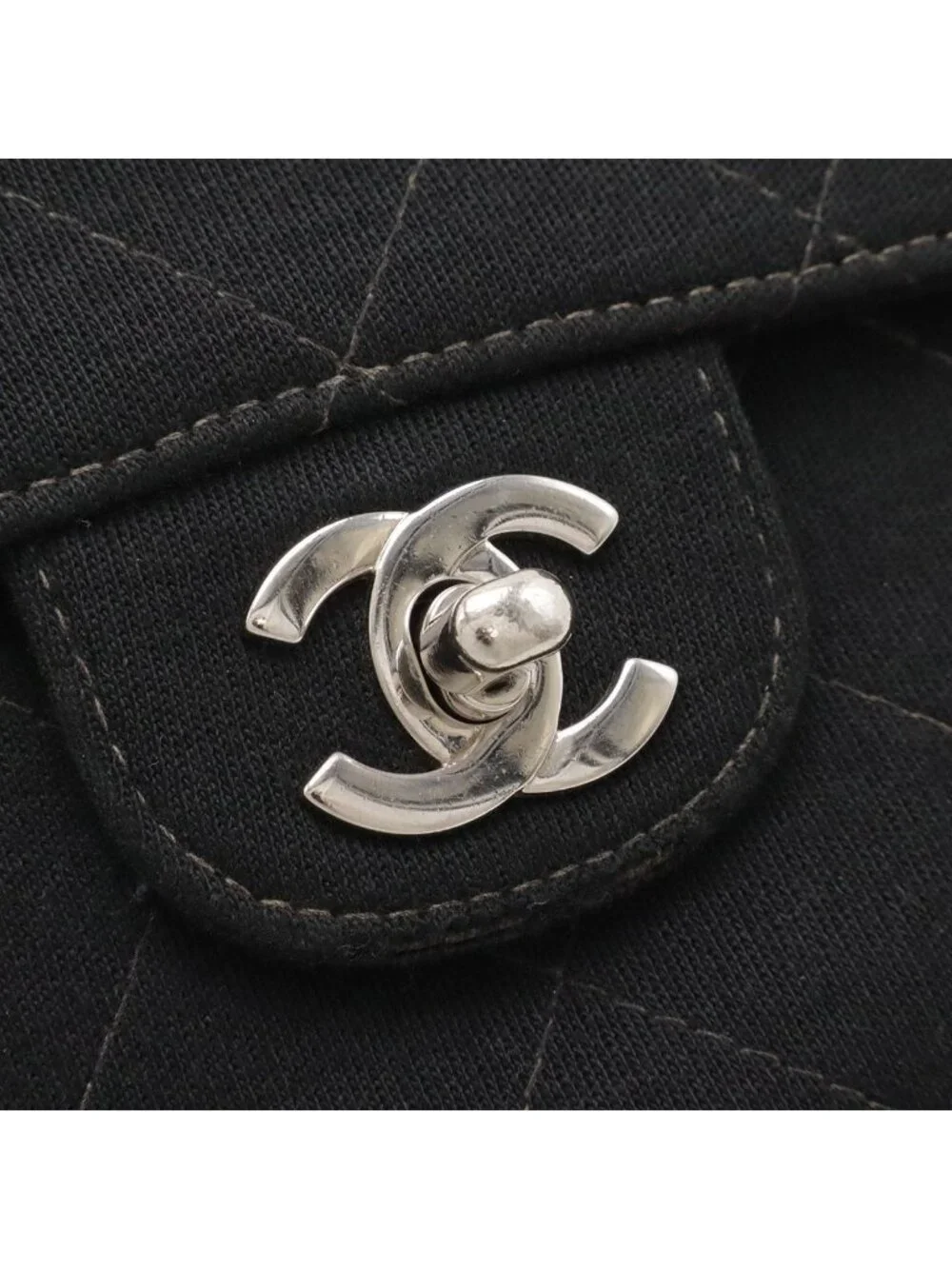 Chanel Quilted CC Logo Chain Shoulder Bag Cotton Jersey Leather Black Silver